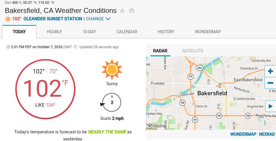 Weather Underground Bakersfield weather snapshot from October 7, 2026